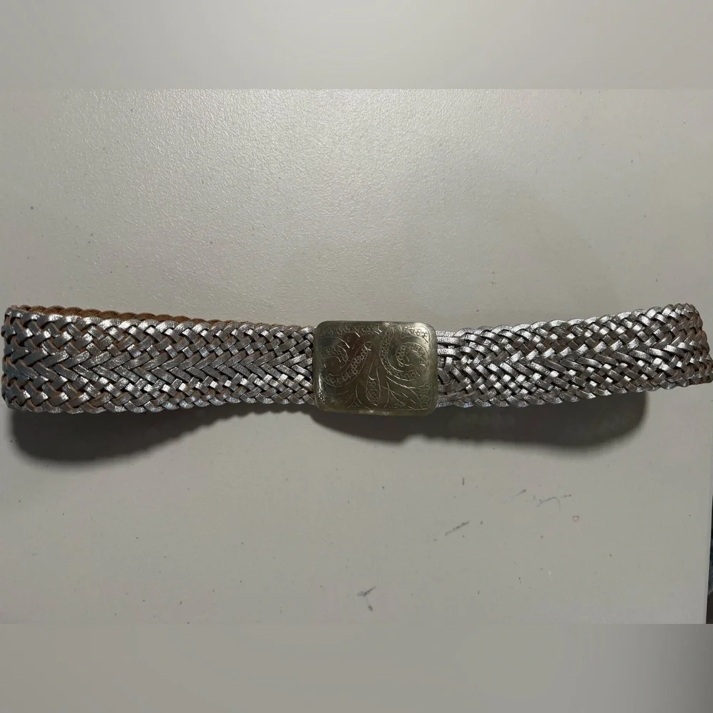 Gerard Darel Silver Braided Belt Western Buckle Rodeo Boho Southwestern